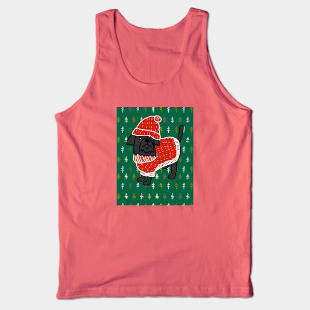 Cute Dog in Winter Christmas Tree Sweater and Red Hat Tank Top by ellenhenryart